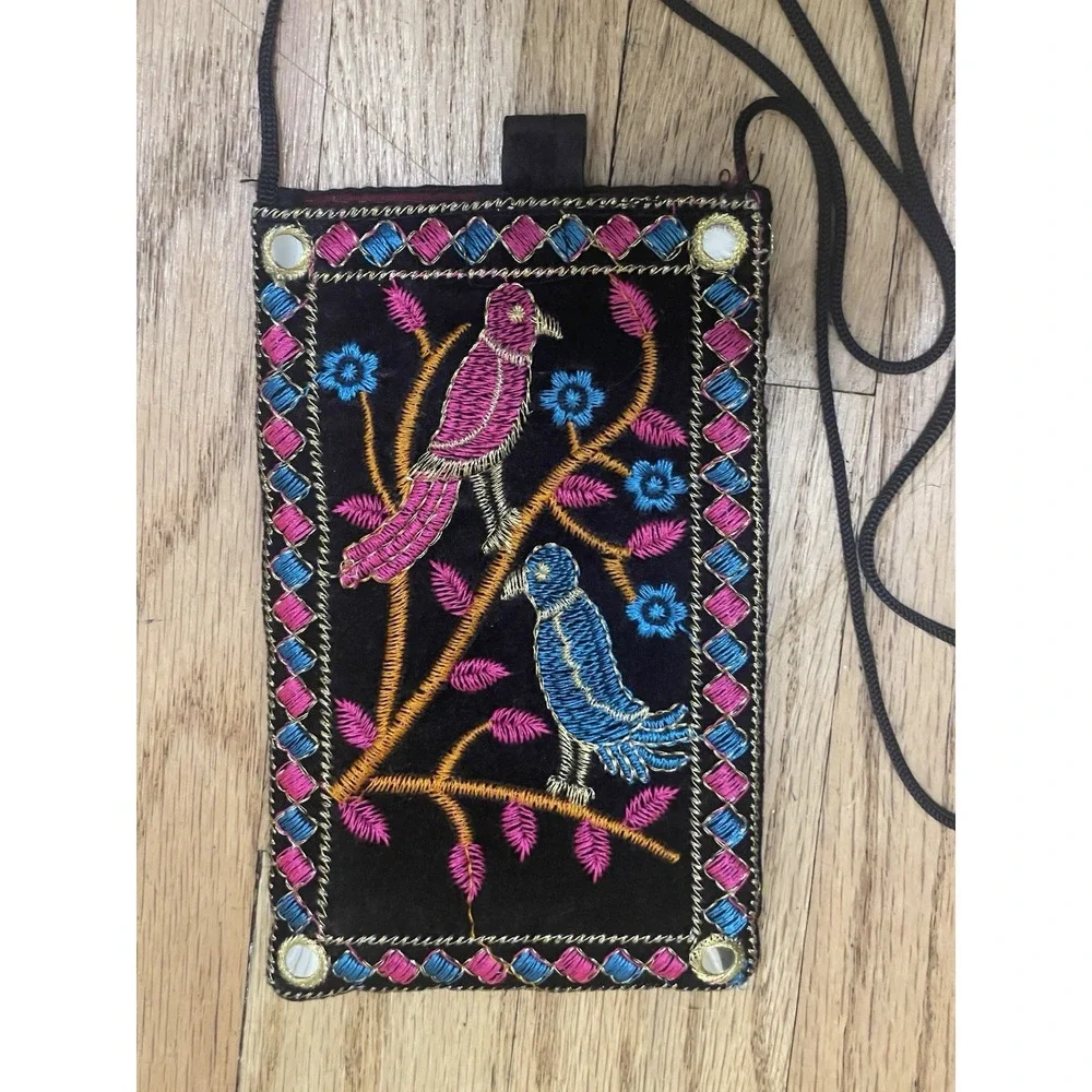 Rajasthani Embroidered Phone Purse Of A Dancer / Tropical BirdsFloral 2pcs